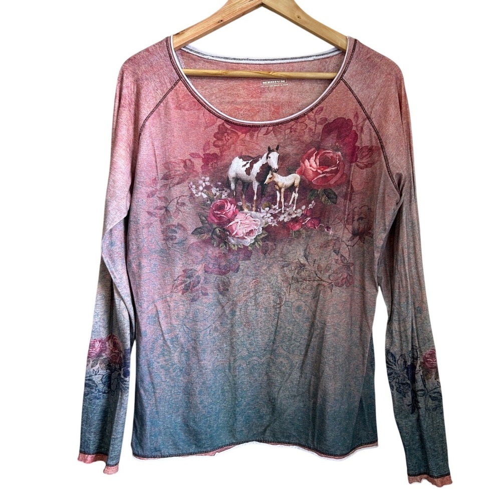 Bit & Bridle Horse Graphic Shirt Rose Western Ombre Cotton Medium Pony Scoop Y2K